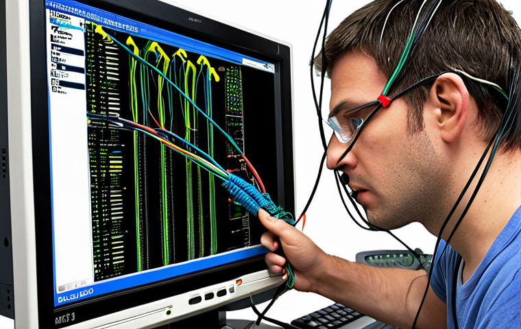 **
Network Engineer frustratedly troubleshooting tangled cables, a computer screen displaying IP address errors, highlighting mismatched subnet mask and gateway. Focus on the visual chaos and technical problem.
**