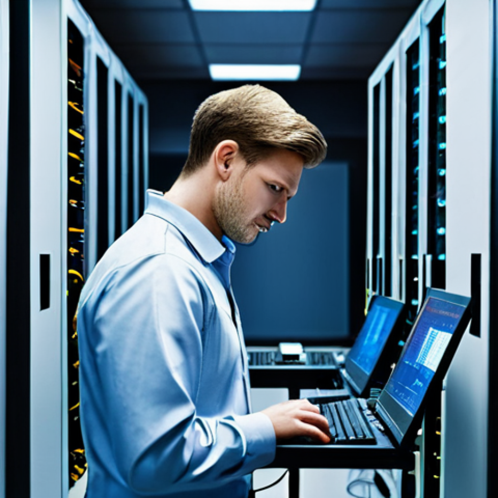 **Prompt:** A network administrator in a modern server room, fully clothed in appropriate attire, configuring a router. Racks of servers are visible in the background, with blinking lights. Safe for work, appropriate content, perfect anatomy, natural proportions, professional, high quality.