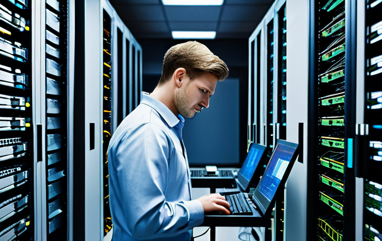 **Prompt:** A network administrator in a modern server room, fully clothed in appropriate attire, configuring a router. Racks of servers are visible in the background, with blinking lights. Safe for work, appropriate content, perfect anatomy, natural proportions, professional, high quality.