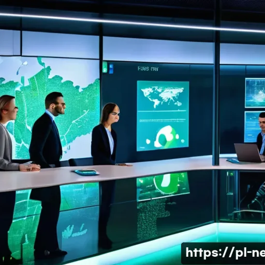 네트워크 실무에서 사용되는 최신 기술 트렌드 - A modern office environment with diverse IT professionals collaborating around large transparent dig...