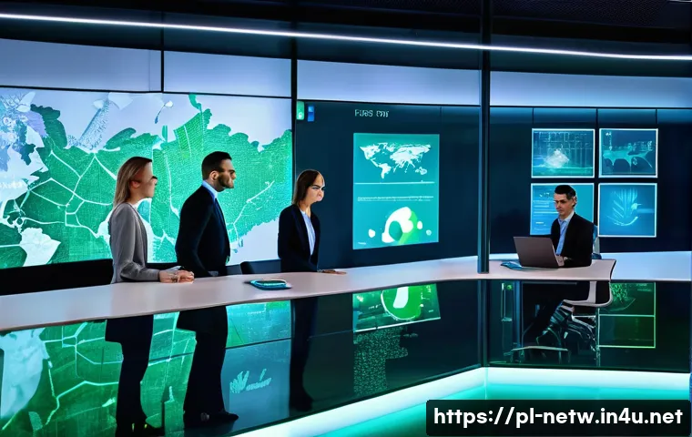 네트워크 실무에서 사용되는 최신 기술 트렌드 - A modern office environment with diverse IT professionals collaborating around large transparent dig...