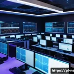 네트워크 실무에서 발생한 트래픽 제어 사례 - A modern corporate network operations center with multiple large screens displaying real-time traffi...