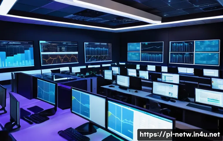 네트워크 실무에서 발생한 트래픽 제어 사례 - A modern corporate network operations center with multiple large screens displaying real-time traffi...
