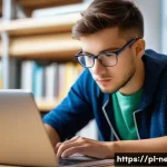 네트워크 실기 시험 대비 단기 학습법 - A focused young adult student studying computer networking at a modern library in Poland, sitting at...