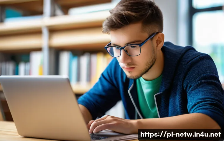 네트워크 실기 시험 대비 단기 학습법 - A focused young adult student studying computer networking at a modern library in Poland, sitting at...