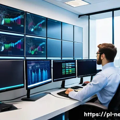 네트워크 실무에서 자주 다뤄지는 사례 분석 - A modern corporate network operations center with multiple large screens displaying real-time networ...