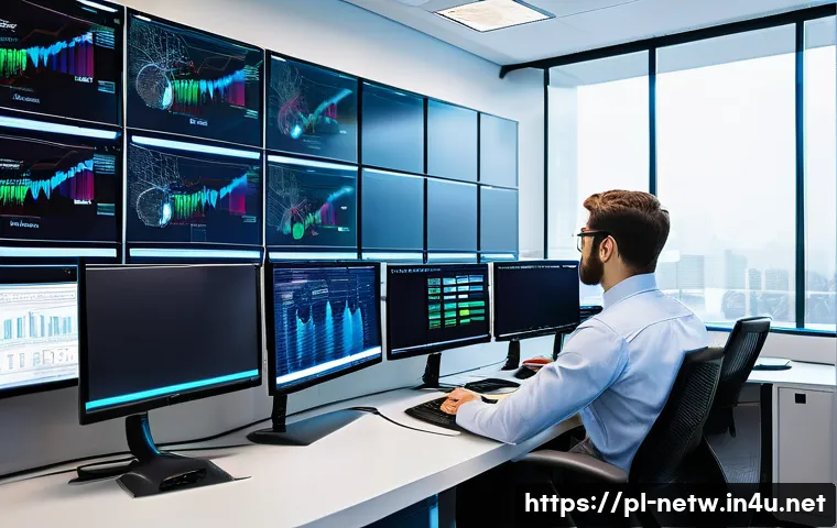 네트워크 실무에서 자주 다뤄지는 사례 분석 - A modern corporate network operations center with multiple large screens displaying real-time networ...