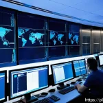 네트워크 실기 시험 대비 네트워크 설정 기법 정리 - A detailed, modern network operations center with multiple large screens displaying IP address assig...
