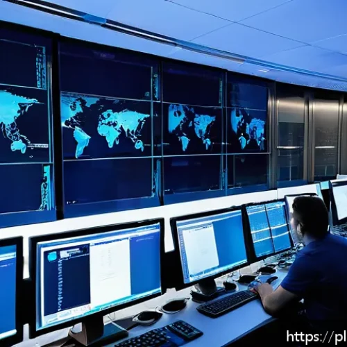 네트워크 실기 시험 대비 네트워크 설정 기법 정리 - A detailed, modern network operations center with multiple large screens displaying IP address assig...