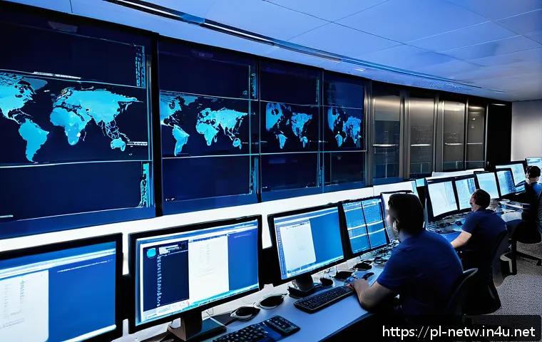 네트워크 실기 시험 대비 네트워크 설정 기법 정리 - A detailed, modern network operations center with multiple large screens displaying IP address assig...