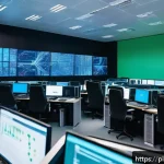 네트워크관리사와 정보보안기사의 차이점 및 활용 사례 - A modern corporate network operations center with a team of diverse IT professionals actively monito...