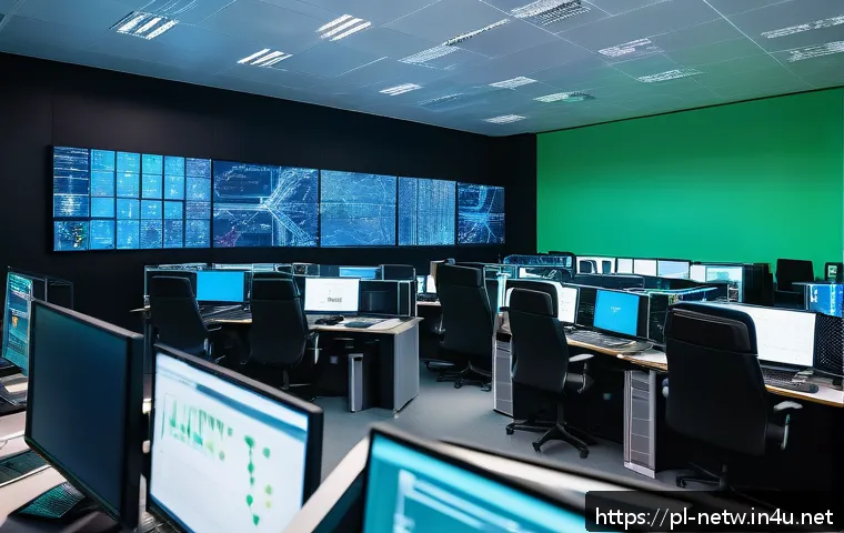 네트워크관리사와 정보보안기사의 차이점 및 활용 사례 - A modern corporate network operations center with a team of diverse IT professionals actively monito...