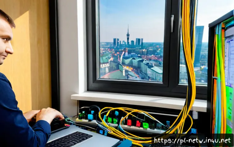 Home 17 네트워크관리사와 라우팅 프로토콜 활용법의 연계성 - Photorealistic Polish IT network administrator in a modern Warsaw office, calmly configuring a small...